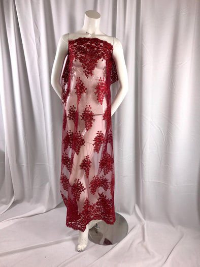 Burgundy french flower design embroider and corded with sequins on a mesh lace-wedding-beidal-prom-nightgown-dresses-sold by the yard.
