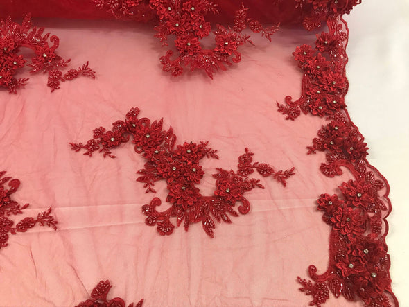 Red floral 3d design embroidery- hand beaded with rhinestones on a mesh lace-dresses-fashion-apparel-prom-nightgown-sold by yard.