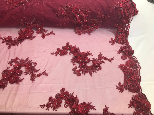 Burgundy 3d floral design embroidery-hand beaded with rhinestones on a mesh lace-dresses-fashion-apparel-nightgown-prom-sold by yard.