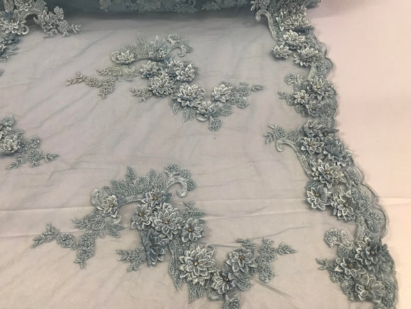 Light blue 3d floral design embroidery-hand beaded with rhinestones on a mesh lace-dresses-fashion-prom-nightgown-prom-sold by yard.
