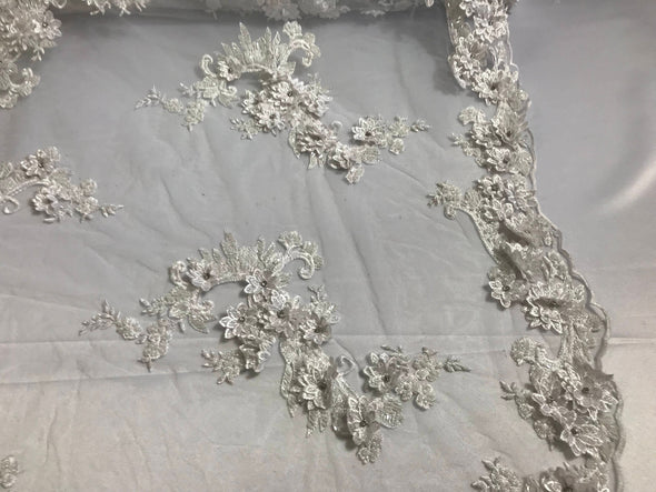 White 3d floral design embroidery-hand beaded with rhinestones on a mesh lace-dresses-fashion-apparel-nightgown-prom-sold by yard.