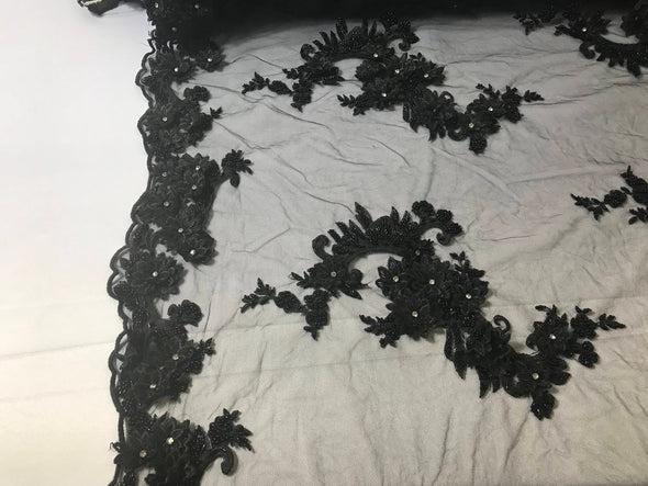 Black 3d floral design embroidery-hand beaded with rhinestones on a mesh lace-dresses-apparel-fashion-prom-nightgown-sold by yard.