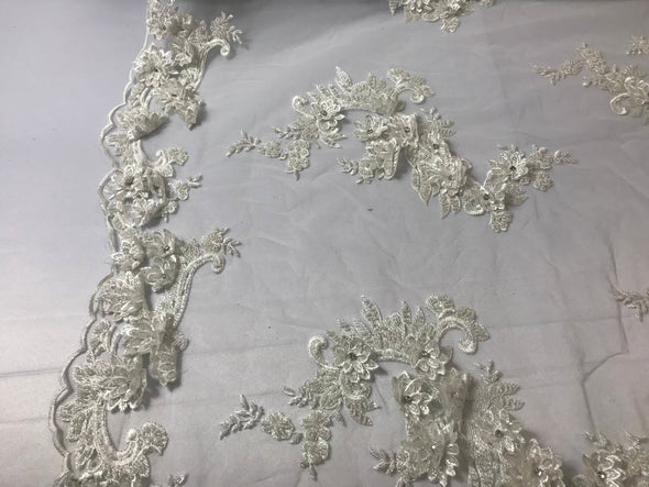 Ivory 3d floral design embroidery-hand beaded with rhinestones on a mesh lace-dresses-fashion-prom-nightgown-apparel-sold by yard.