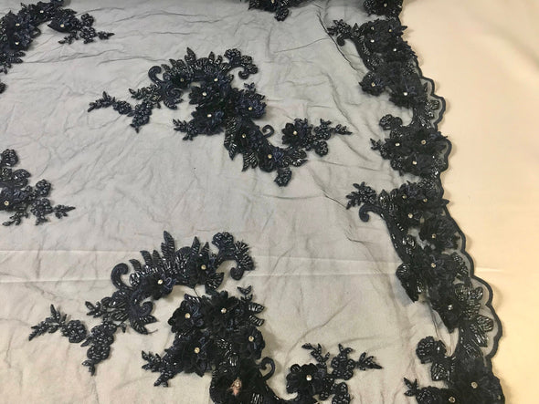 Navy blue 3d floral design embroidery-hand beaded with rhinestones on a mesh lace-dresses-apparel-fashion-prom-nightgown-sold by yard.