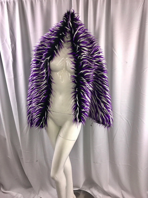 3 tone spikes faux fur- black/white/purple. Shaggy faux fur-fashion-jackets-apparel-decorations-throw blankets-sold by the yard.