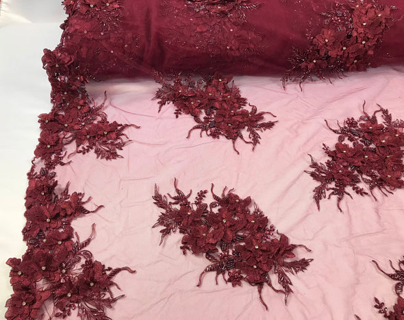 Burgundy princess 3d floral design embroider with beads and rhinestones on a mesh lace-dresses-fashion-apparel-nightgown-prom-sold by yard.