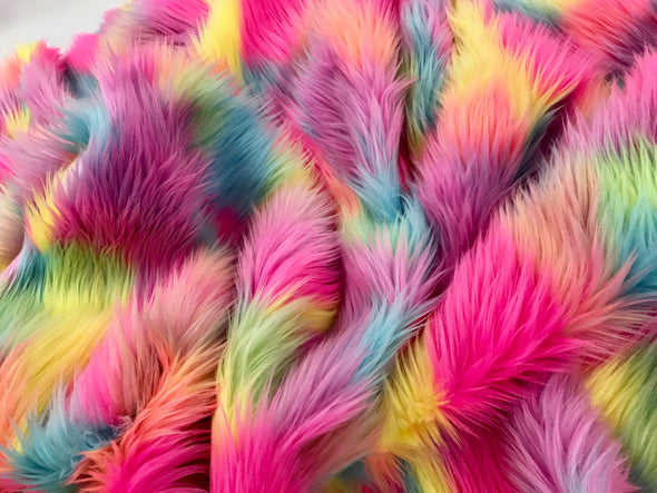 Fuchsia pink multi color tie dyed jacquard faux fun fur-super sofrt shaggy fur-60" wide-apparel-fashion-decorations-jackets-sold by the yard