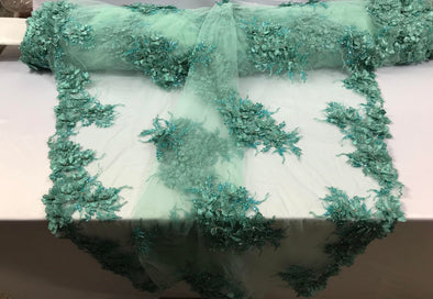 Mint princess 3d floral design embroider with beads and rhinestones on a mesh lace-dresses-fashion-apparel-prom-nightgown-sold by yard.