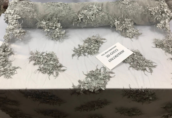 Gray princess 3d floral design embroider with beads and rhinestones on a mesh lace-dresses-fashion-prom-apparel-nightgown-sold by yard.