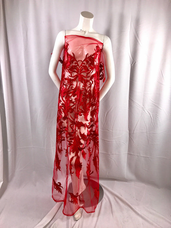 Red rhinestone vines embroider on a mesh lace fabric-dresses-fashion-decorations-nightgown-prom-sold by the yard.