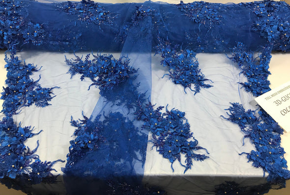 Royal blue 3d floral design embroider with beads and Rhinestones on a mesh lace-dresses-prom-nightgown-apparel-fashion-sold by yard.