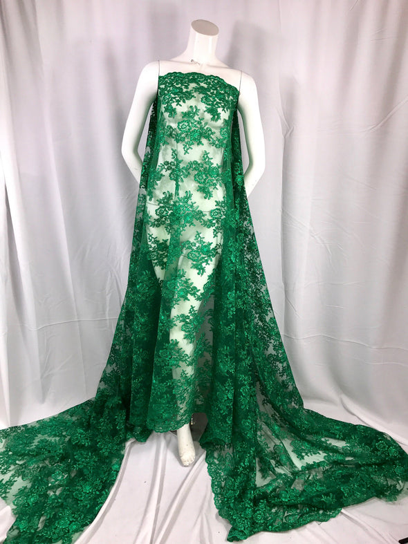 Green modern roses embroider and corded on a mesh lace-dresses-fashion-decorations-apparel-prom-nightgown-sold by the yard.