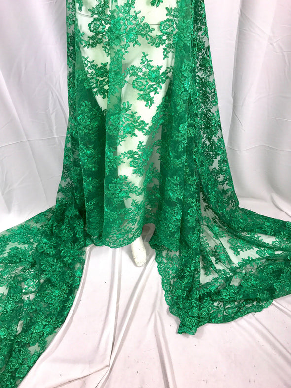 Green modern roses embroider and corded on a mesh lace-dresses-fashion-decorations-apparel-prom-nightgown-sold by the yard.