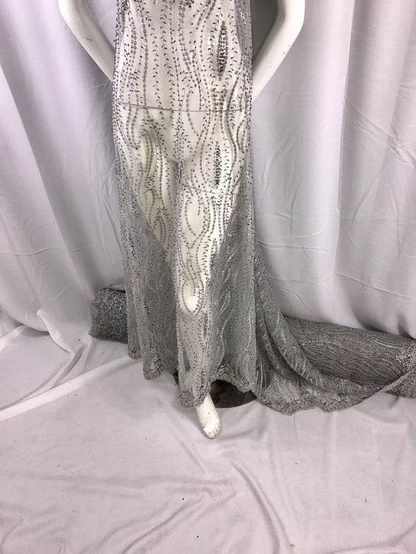 Gray hand beaded fabric lace embroider with metallic tread on a mesh-bridal-prom-nightgown-decorations-sold by the yard.
