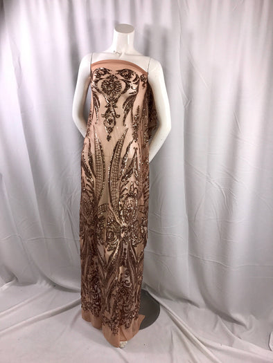 Skin color empire design with sequins embroider ona 2 way stretch mesh fabric-prom-nightgown-decorations-dresses-sold by the yard.