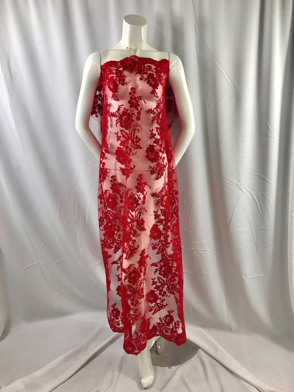 Red floral design embroider and corded on a mesh lace fabric-fashion-decorations-nightgown-prom-Sold by the yard.