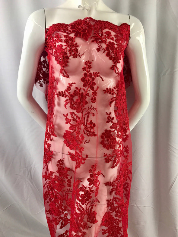 Red floral design embroider and corded on a mesh lace fabric-fashion-decorations-nightgown-prom-sold by the yard.