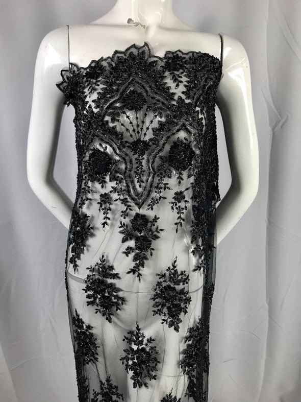 Black floral design embroider with sequins and metallic tread on a mesh lace-prom-dresses-fashion-apparel-nightgown-decorations-sold by yard