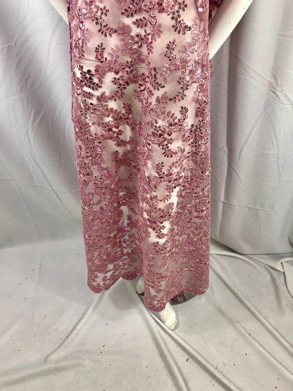Dusty rose corded flowers embroider with sequins on a mesh lace fabric-dresses-fashion-decorations-prom-nightgown-apparel-sold by the yard-