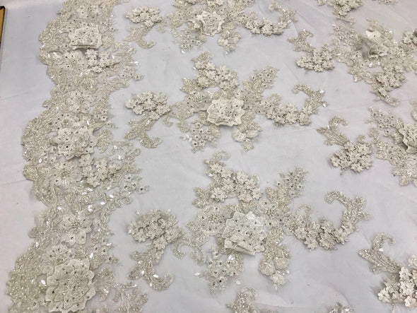 Ivory 3D floral design embroider with sequins and haned beaded on a mesh lace-dresses-fashion-nightgown-apparel-decorations-sold by yard.