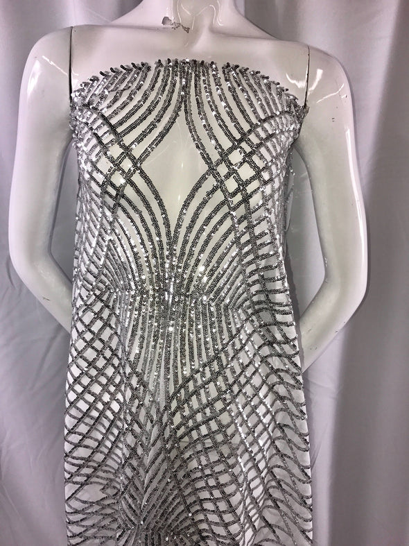 Silver venom diamond web-embroider with sequins on a white mesh lace fabric-wedding-bridal-prom-nightgown fabric-sold by the yard-