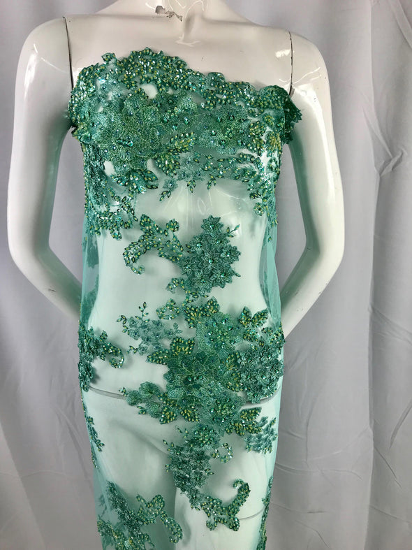 Mint 3D floral design embroider with sequins and hand beaded with metallic tread on a mesh lace-dresses-fashion-prom-sold by yard.
