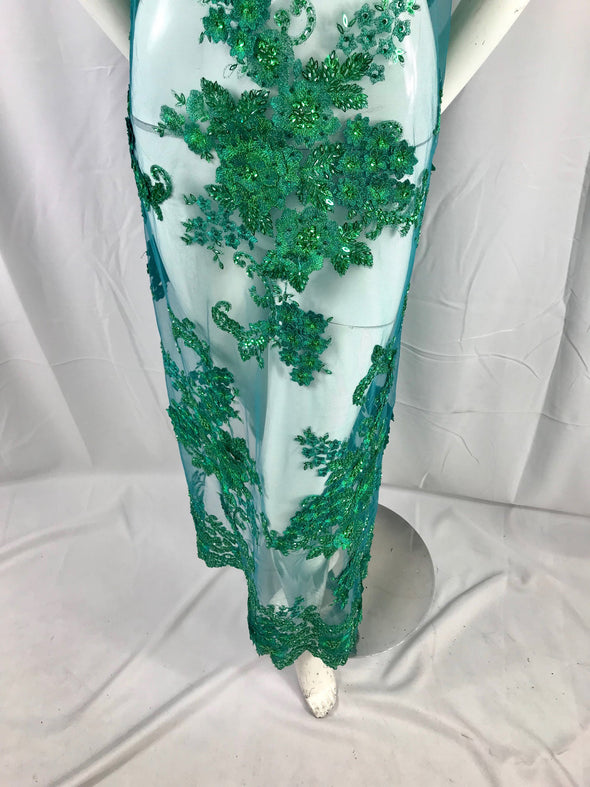 Green 3D floral design embroider with sequins and hand beaded with metallic tread on a mesh lace-dresses-fashion-prom-sold by yard.