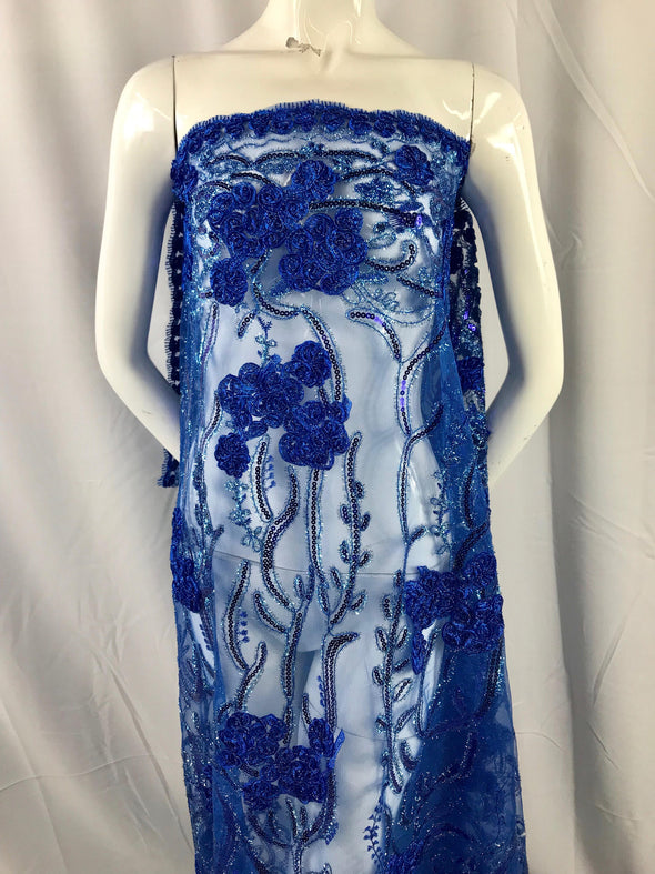Royal blue tree design with 3d flowers embroider with sequins on a mesh lace. Wedding/ bridal/ nightgowns/ prom dresses. Sold by the yard.
