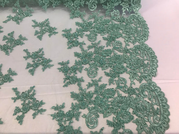 Mint fashion floral design embroider with sequins and hand beaded on a mesh lace-dresses-fashion-nightgown-sold by yard.