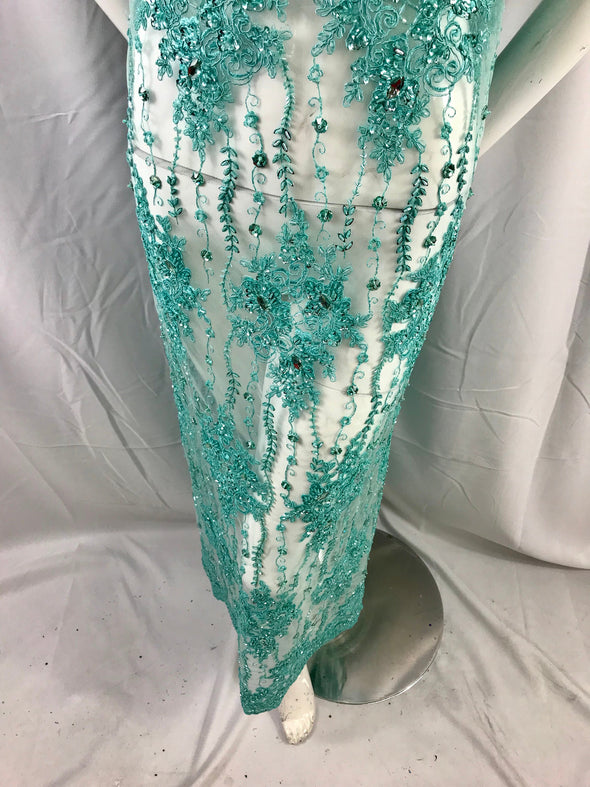 Aqua magnificent design embroider and heavy beaded on a mesh lace-dresses-fashion-apparel-nightgown-prom-sold by yard.