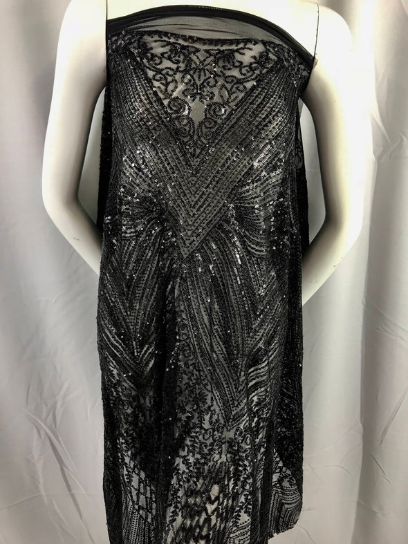 Black geometric diamond design embroider with sequins on a 2 way stretch mesh lace-dresses-fashion-nightgown-prom-sold by yard.