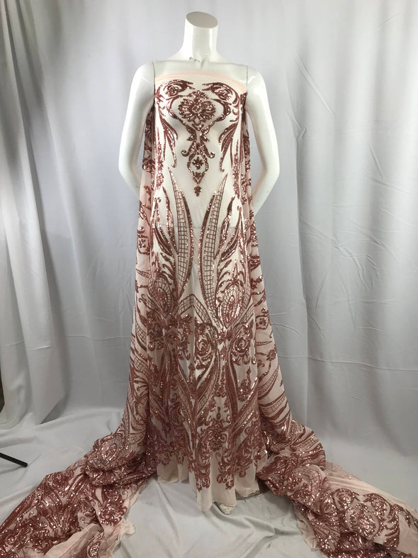 Blush peach empire design with sequins embroider on a 2 way stretch mesh fabric-prom-nightgown-decorations-sold by the yard.