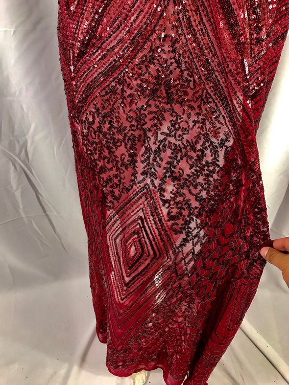 Burgundy geometric diamond design embroider with sequins on a 2 way stretch mesh lace-dresses-fashion-nightgown-sold by yard.