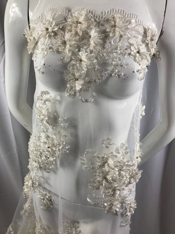 white metallic goddess 3d floral design embroider and beaded with rhinestones on a mesh lace-dresses-fashion-prom-nightgown-sold by the yard