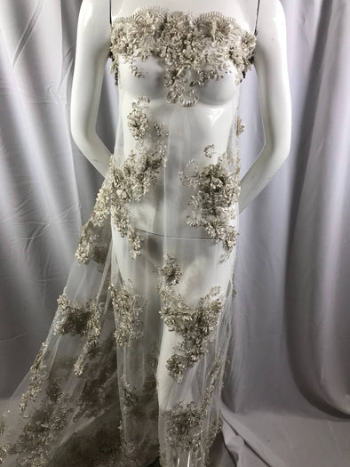 Ivory metallic goddess 3d floral design embroider and beaded with rhinestones on a mesh lace-dresses-prom-nightgown-fashion-sold by yard.