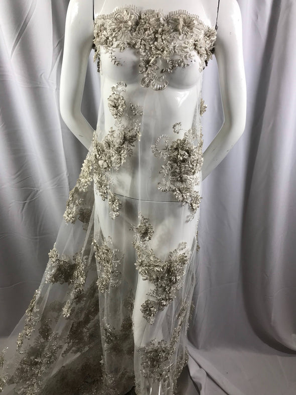 Ivory metallic goddess 3d floral design embroider and beaded with rhinestones on a mesh lace-dresses-prom-nightgown-fashion-sold by yard.