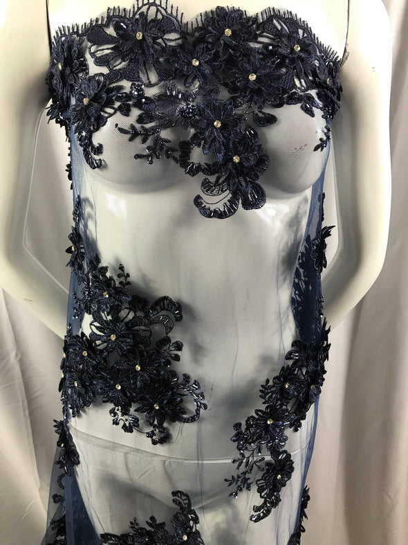 Navy blue metallic goddess 3d floral design embroider and beaded with rhinestones on a mesh lace-dresses-fashion-prom-nightgown-sold by yard