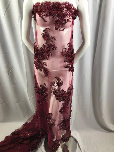 Burgundy metallic goddess 3d floral design embroider and beaded with rhinestones on a mesh lace-fashion-dresses-prom-nightgown-sold by yard.