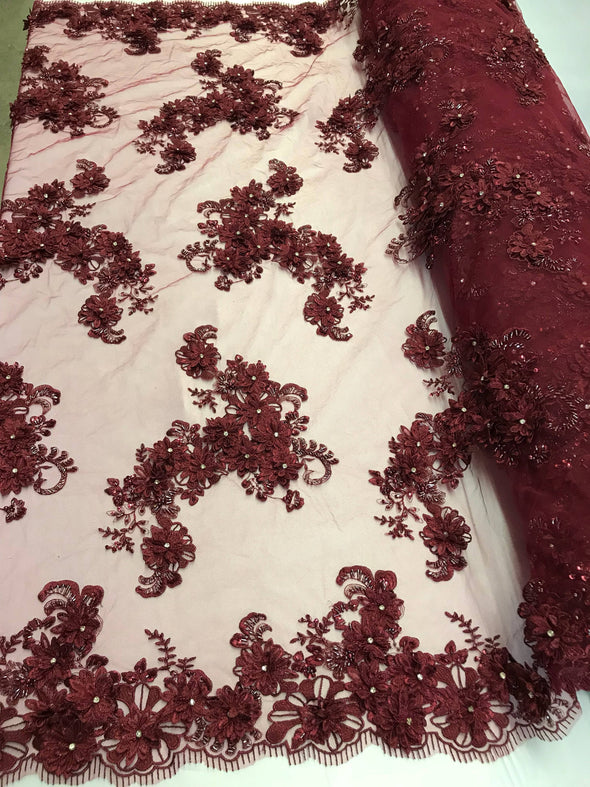 Burgundy metallic goddess 3d floral design embroider and beaded with rhinestones on a mesh lace-fashion-dresses-prom-nightgown-sold by yard.