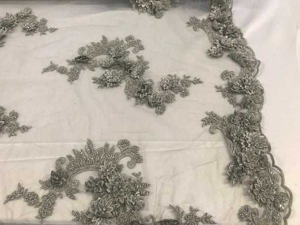 Gray 3d floral design embroidery-hand beaded with rhinestones on a mesh lace-dresses-fashion-apperal-prom-nightgown-sold by yard.