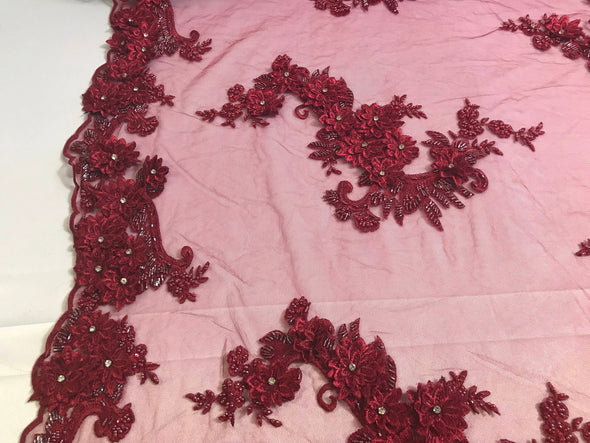 Burgundy 3d floral design embroidery-hand beaded with rhinestones on a mesh lace-dresses-fashion-apparel-nightgown-prom-sold by yard.
