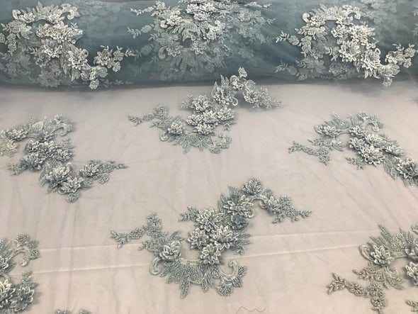 Light blue 3d floral design embroidery-hand beaded with rhinestones on a mesh lace-dresses-fashion-prom-nightgown-prom-sold by yard.