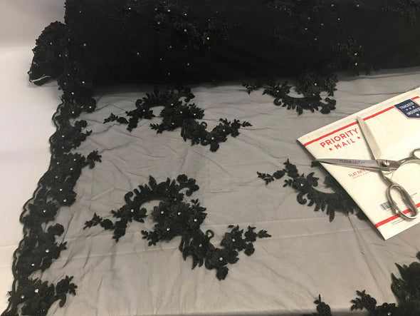 Black 3d floral design embroidery-hand beaded with rhinestones on a mesh lace-dresses-apparel-fashion-prom-nightgown-sold by yard.