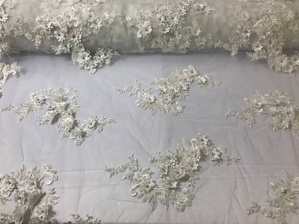 Ivory 3d floral design embroidery-hand beaded with rhinestones on a mesh lace-dresses-fashion-prom-nightgown-apparel-sold by yard.