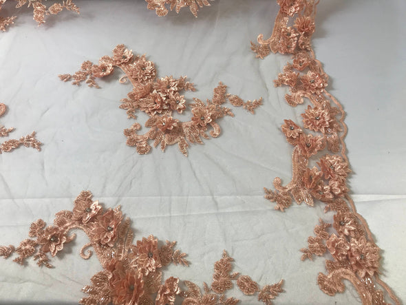Peach 3d floral design embroidery-hand beaded with rhinestones on a mesh lace-dresses-fashion-apparel-prom-nightgown-sold by yard.