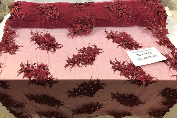 Burgundy princess 3d floral design embroider with beads and rhinestones on a mesh lace-dresses-fashion-apparel-nightgown-prom-sold by yard.