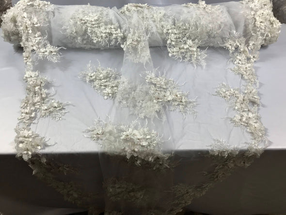 White princess 3d floral design embroider with beads and Rhinestones on a mesh lace-dresses-prom-nightgown-apparel-sold by yard.