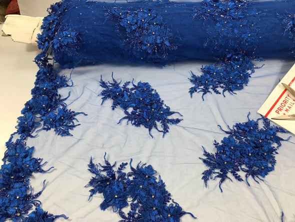 Royal blue 3d floral design embroider with beads and Rhinestones on a mesh lace-dresses-prom-nightgown-apparel-fashion-sold by yard.