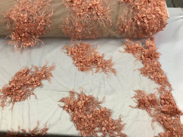 Peach princess 3d floral design embroider with beads and rhinestones on a mesh lace-dresses-fashion-apparel-prom-nightgown-sold by yard.