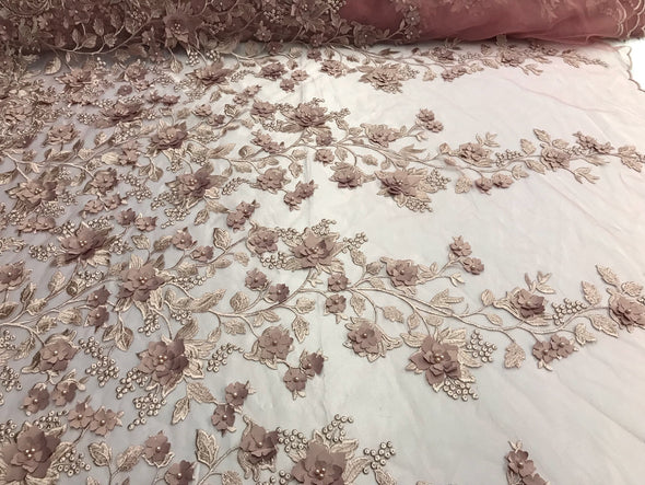 Dusty rose princess 3d floral design embroider and beaded with pearls on a mesh lace-dresses-fashion-apparel-prom-nightgown-sold by yard.